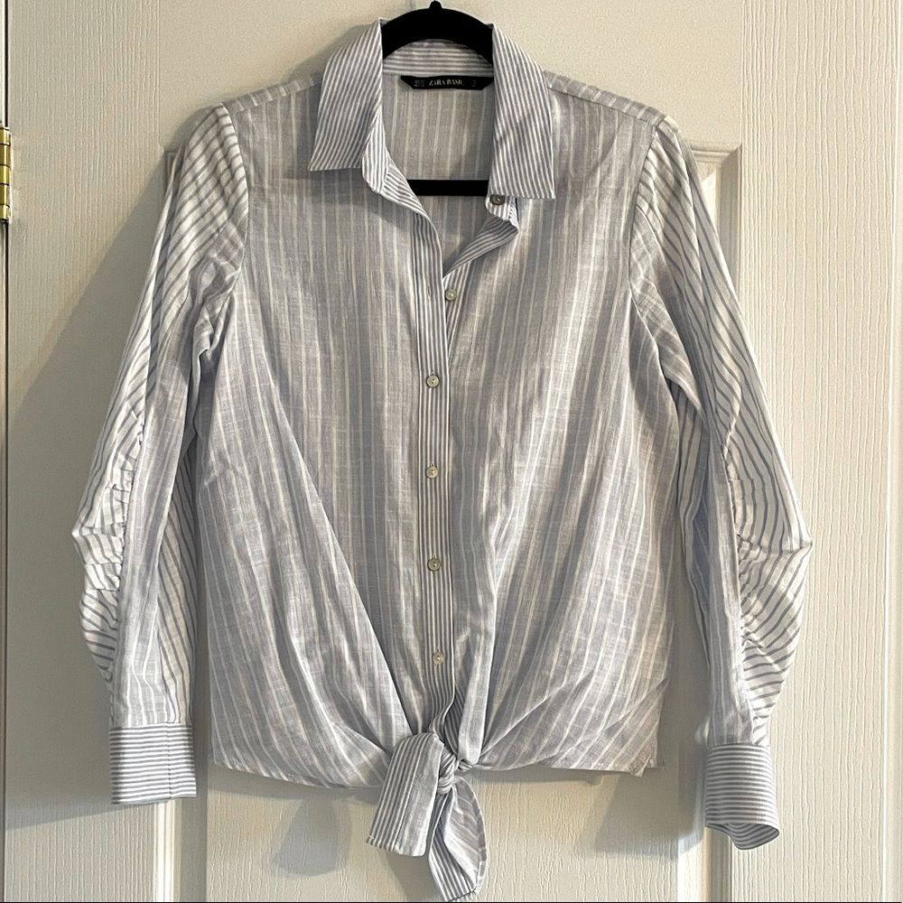 Blue & White Tie front Blouse
